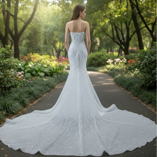 Sparkly High-end Fit and Flare Wedding Dress with Sheer Bodice