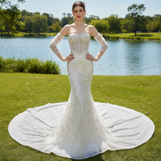 Sparkly High-end Fit and Flare Wedding Dress with Sheer Bodice