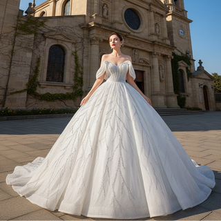 Modest Sparkly Puffy Skirt Ball Gown Wedding dress with Off the Shoulder