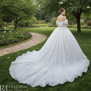 Modest Sparkly Puffy Skirt Ball Gown Wedding dress with Off the Shoulder