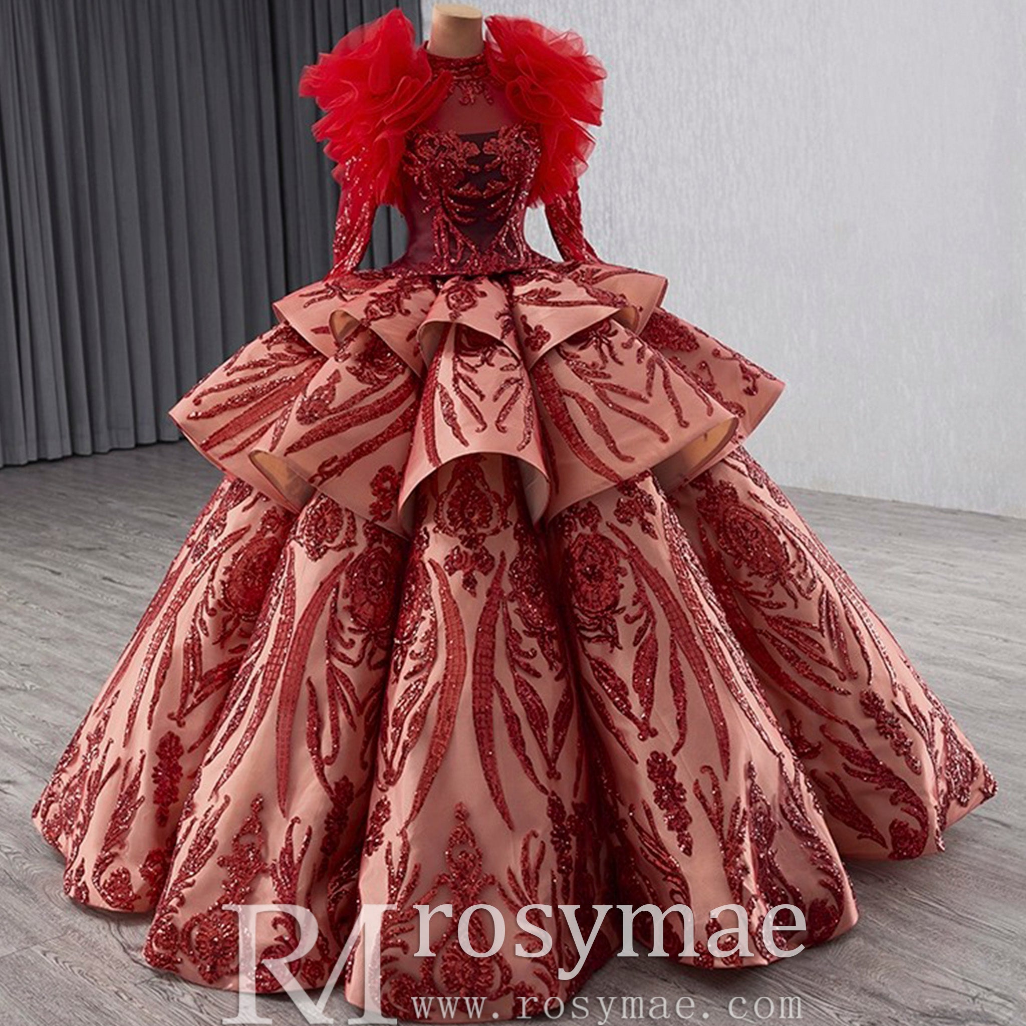 Sequined Lace Puffy Long Sleeve Ruffle Big Quinceanera Dress with O Neck Custom Color / 20W Sequined Lace Puffy Long Sleeve Ruffle Big Quinceanera Dress with O Neck Custom Color / 20W