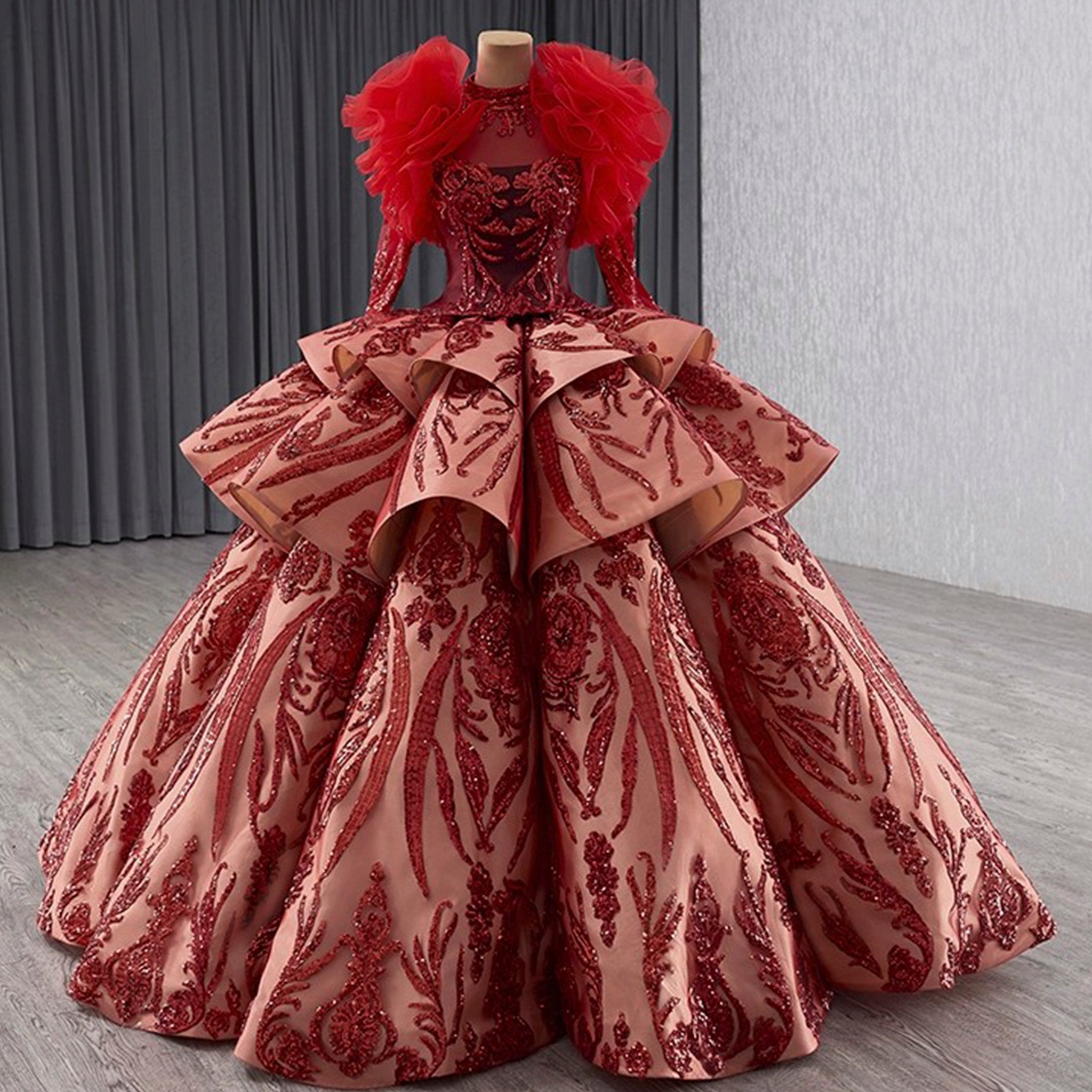 Sequined Lace Puffy Long Sleeve Ruffle Big Quinceanera Dress with O Neck Brt. Red / 4 Sequined Lace Puffy Long Sleeve Ruffle Big Quinceanera Dress with O Neck Brt. Red / 4
