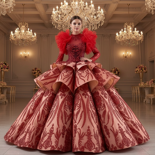 Sequined Lace Puffy Long Sleeve Ruffle Big Quinceanera Dress with O Neck