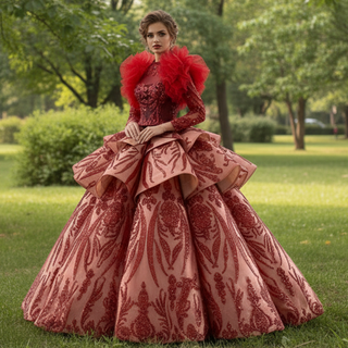 Sequined Lace Puffy Long Sleeve Ruffle Big Quinceanera Dress with O Neck