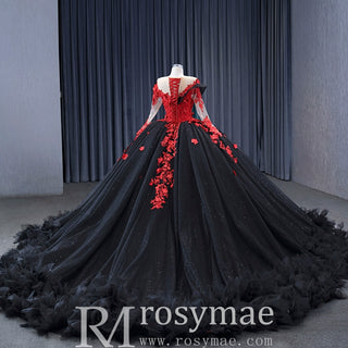 Sparkly Black Red Ball Gown Wedding Dress Lace Appliqued Quinceanera Gown Custom Colors / 24W Sparkly Black Red Ball Gown Wedding Dress Lace Appliqued Quinceanera Gown Custom Colors / 24W