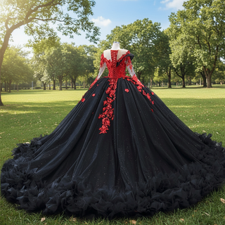 Sparkly Black Red Ball Gown Wedding Dress Lace Appliqued Quinceanera Gown