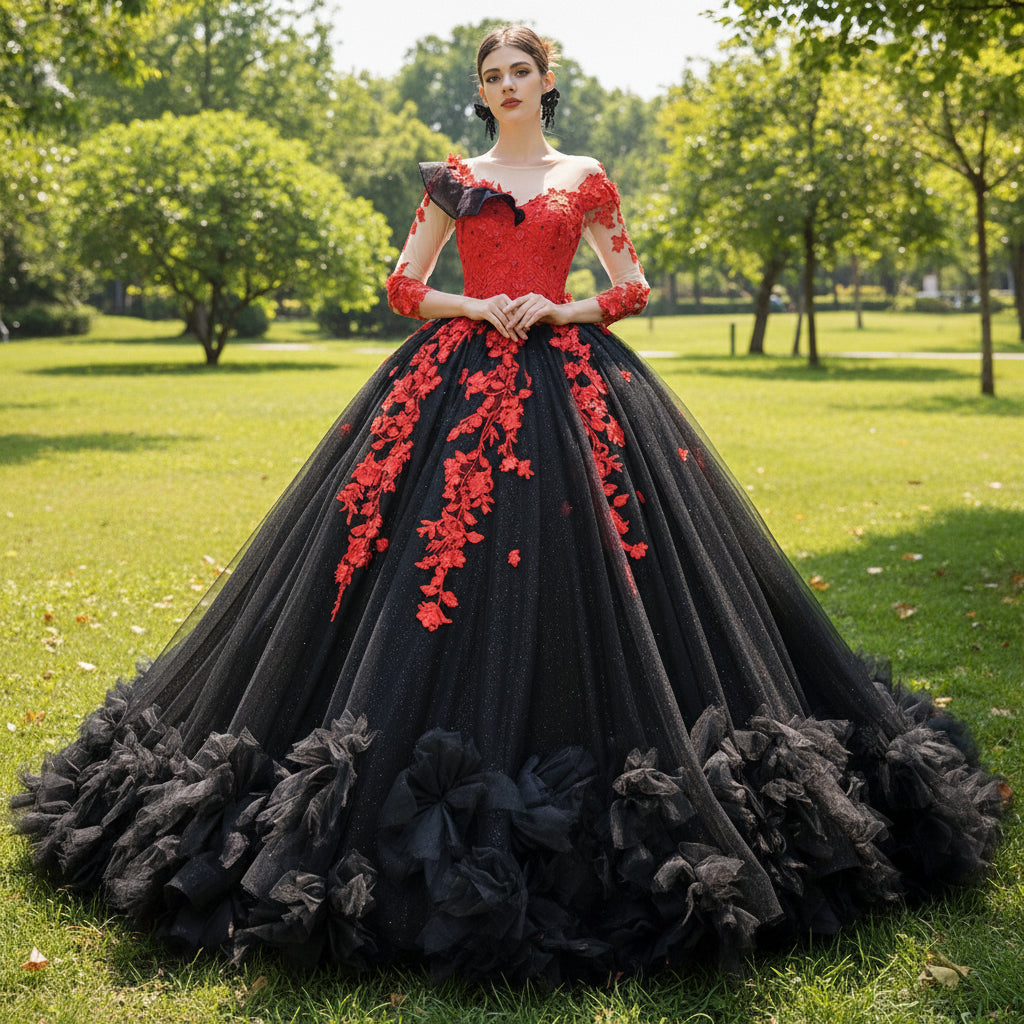 Sparkly Black Red Ball Gown Wedding Dress Lace Appliqued Quinceanera Gown Custom Colors / 24W Sparkly Black Red Ball Gown Wedding Dress Lace Appliqued Quinceanera Gown Custom Colors / 24W