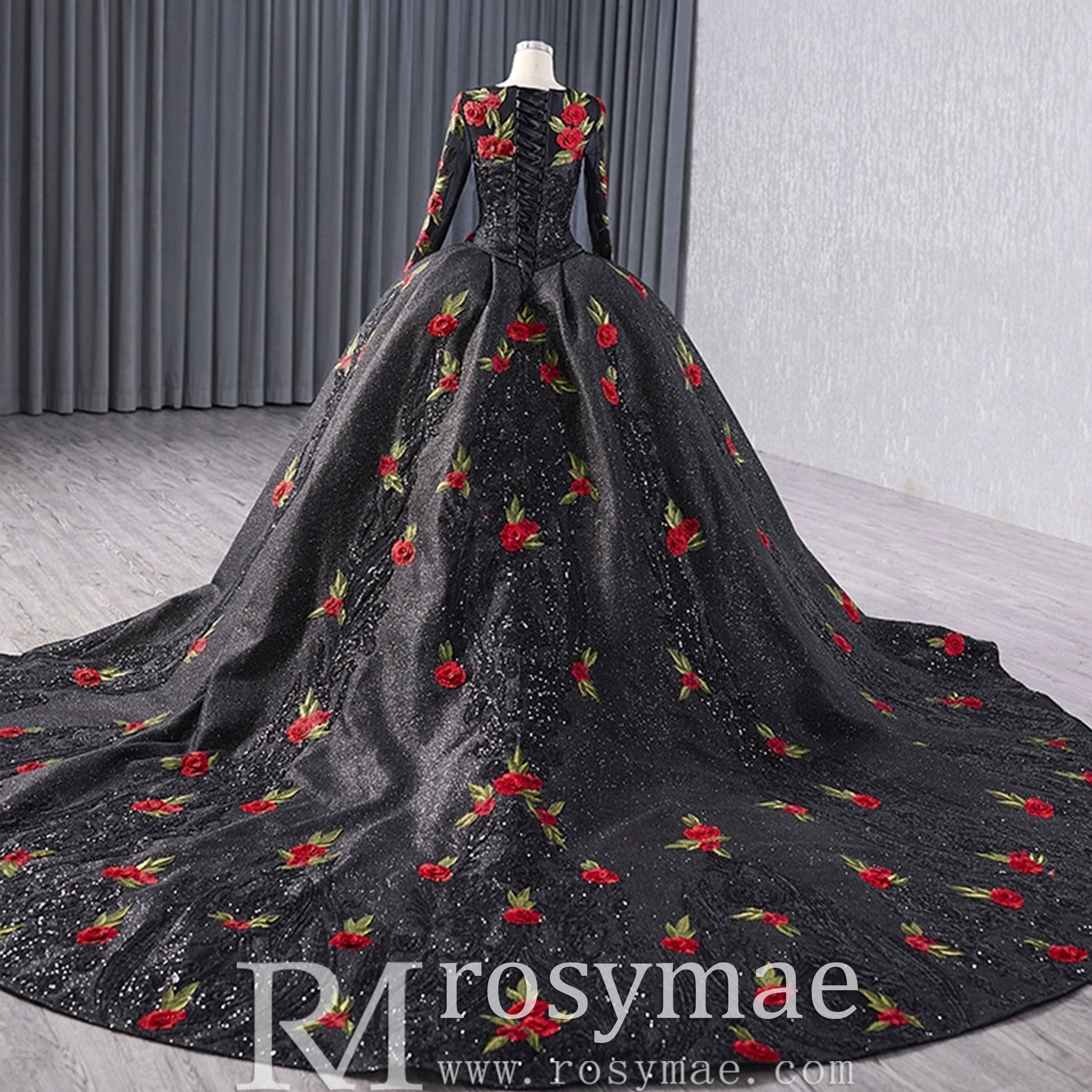 Elegant Black Lace Rose Wedding Gown Long Sleeve Quinceanera Dress Black / 22W Elegant Black Lace Rose Wedding Gown Long Sleeve Quinceanera Dress Black / 22W
