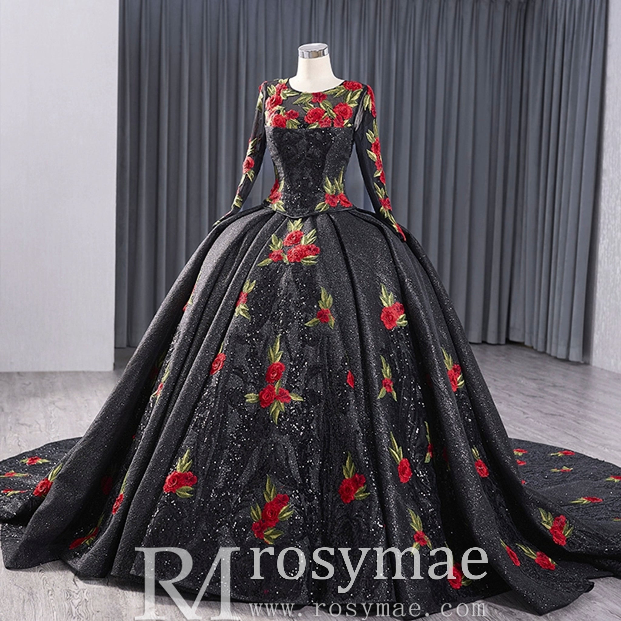Elegant Black Lace Rose Wedding Gown Long Sleeve Quinceanera Dress Black / 22W Elegant Black Lace Rose Wedding Gown Long Sleeve Quinceanera Dress Black / 22W