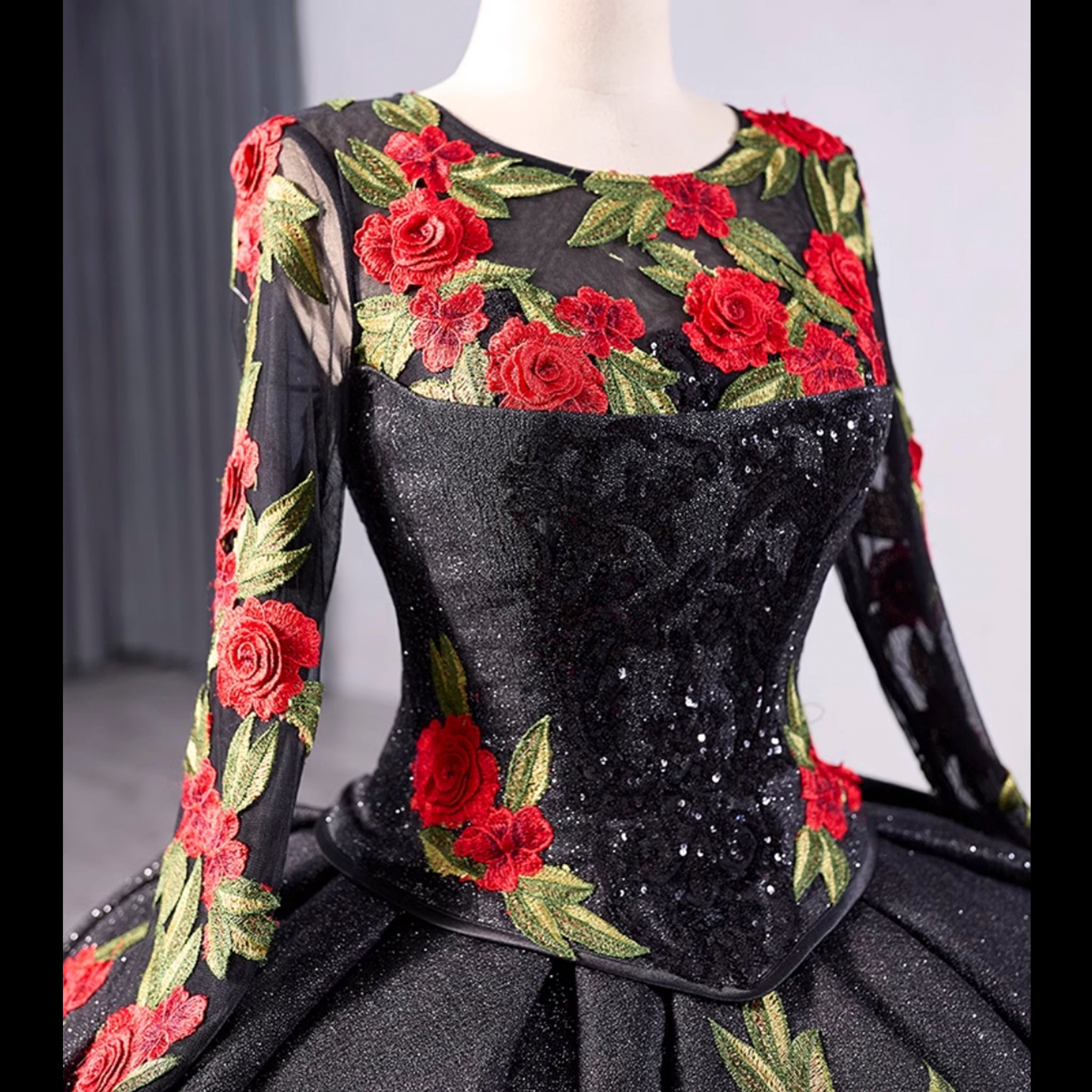 Elegant Black Lace Rose Wedding Gown Long Sleeve Quinceanera Dress Black / 22W Elegant Black Lace Rose Wedding Gown Long Sleeve Quinceanera Dress Black / 22W