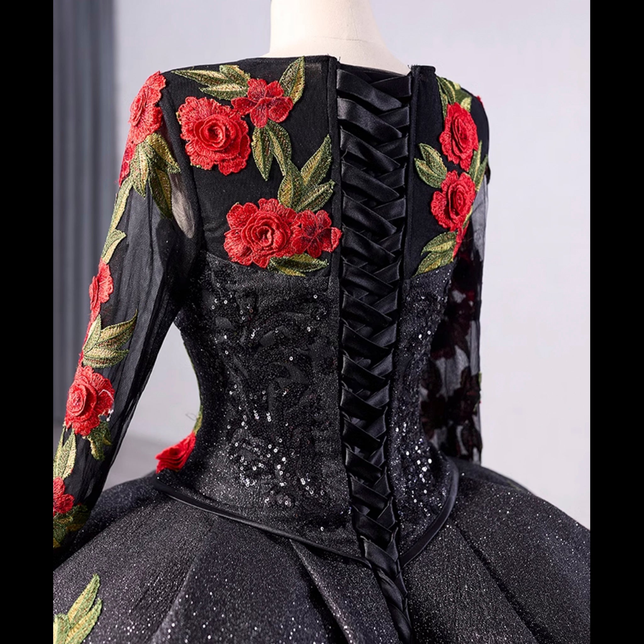 Elegant Black Lace Rose Wedding Gown Long Sleeve Quinceanera Dress Black / 22W Elegant Black Lace Rose Wedding Gown Long Sleeve Quinceanera Dress Black / 22W