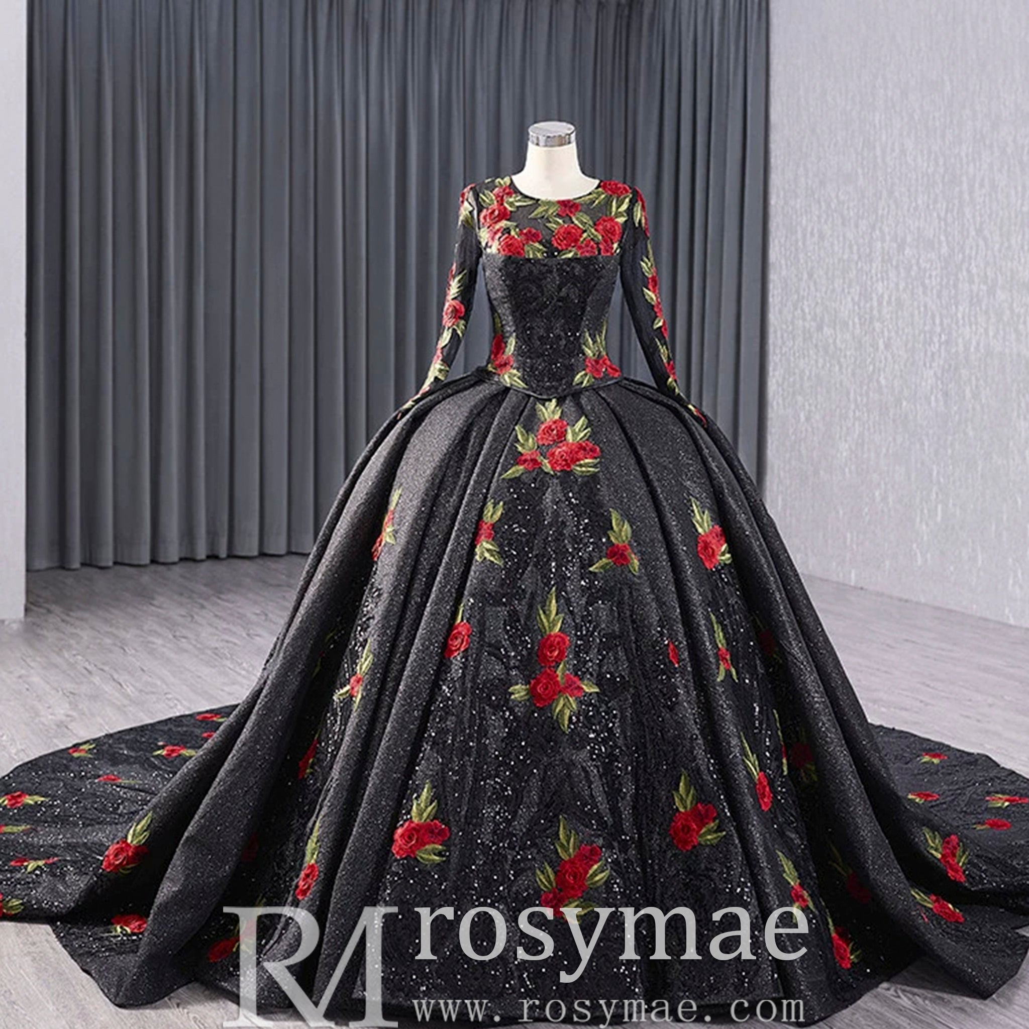 Elegant Black Lace Rose Wedding Gown Long Sleeve Quinceanera Dress Black / 22W Elegant Black Lace Rose Wedding Gown Long Sleeve Quinceanera Dress Black / 22W