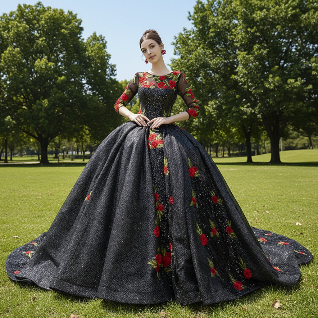 Elegant Black Lace Rose Wedding Gown Long Sleeve Quinceanera Dress Rosymae Elegant Black Lace Rose Wedding Gown Long Sleeve Quinceanera Dress Rosymae