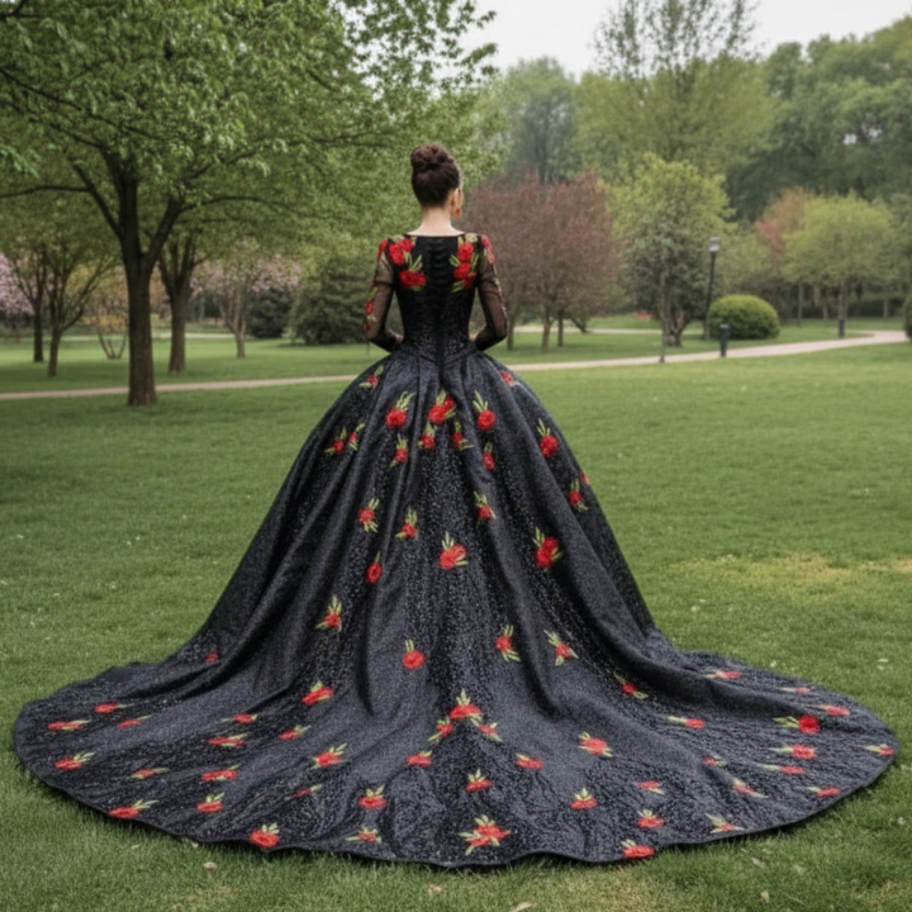 Elegant Black Lace Rose Wedding Gown Long Sleeve Quinceanera Dress Black / 22W Elegant Black Lace Rose Wedding Gown Long Sleeve Quinceanera Dress Black / 22W