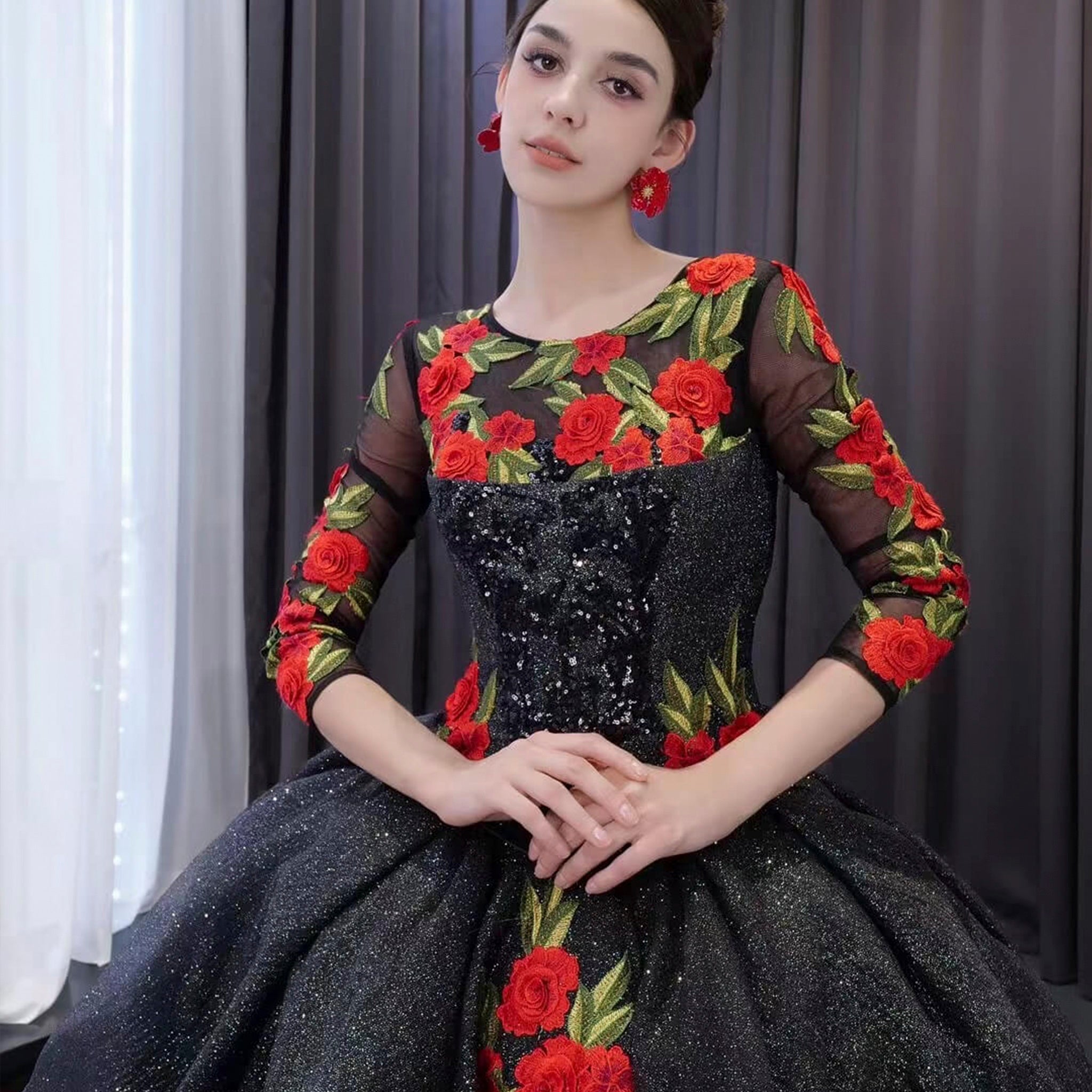 Elegant Black Lace Rose Wedding Gown Long Sleeve Quinceanera Dress Rosymae Elegant Black Lace Rose Wedding Gown Long Sleeve Quinceanera Dress Rosymae