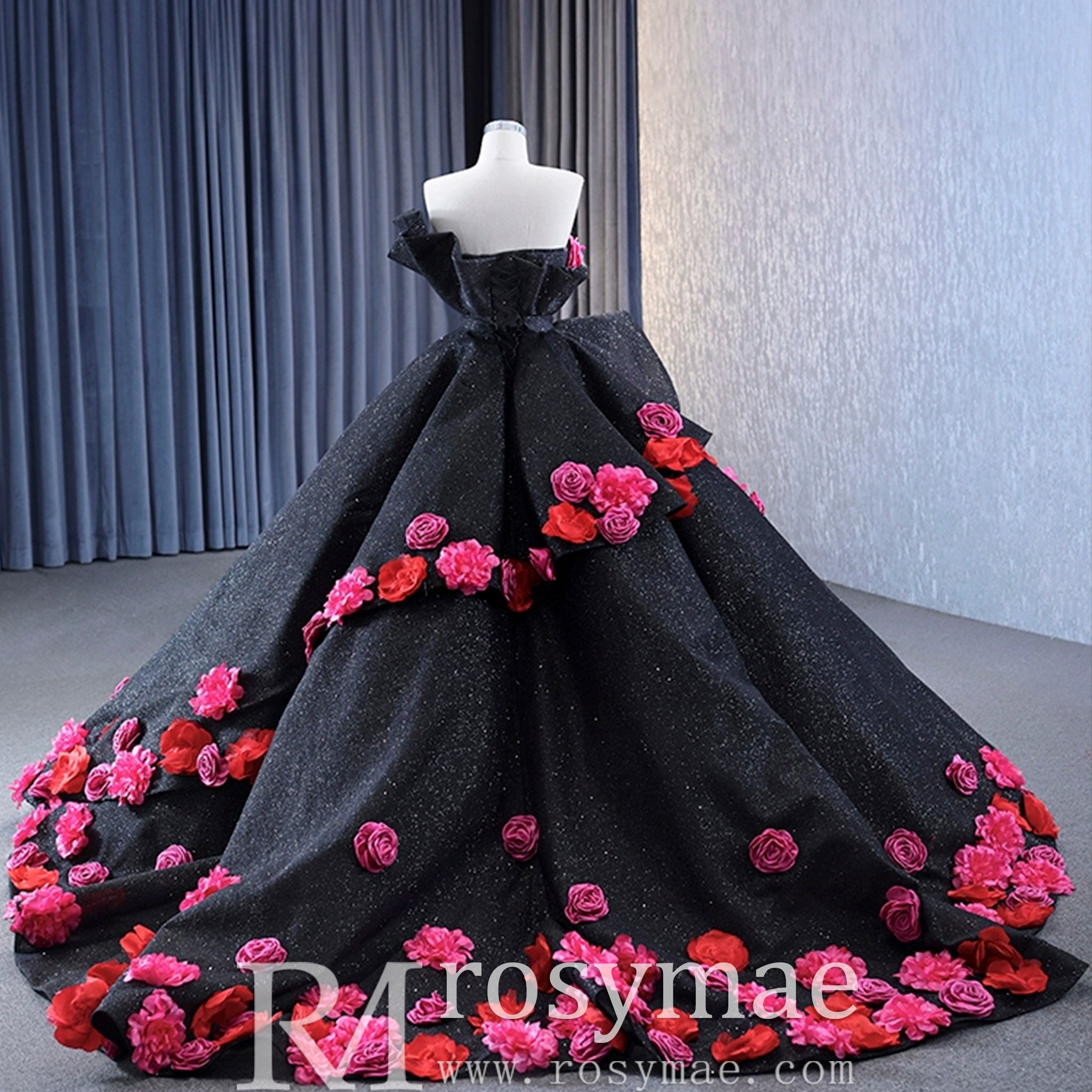 Black 3D Flowers Ball Gown Sparkly Wedding Dress with Puffy Skirt Black / 10 Black 3D Flowers Ball Gown Sparkly Wedding Dress with Puffy Skirt Black / 10