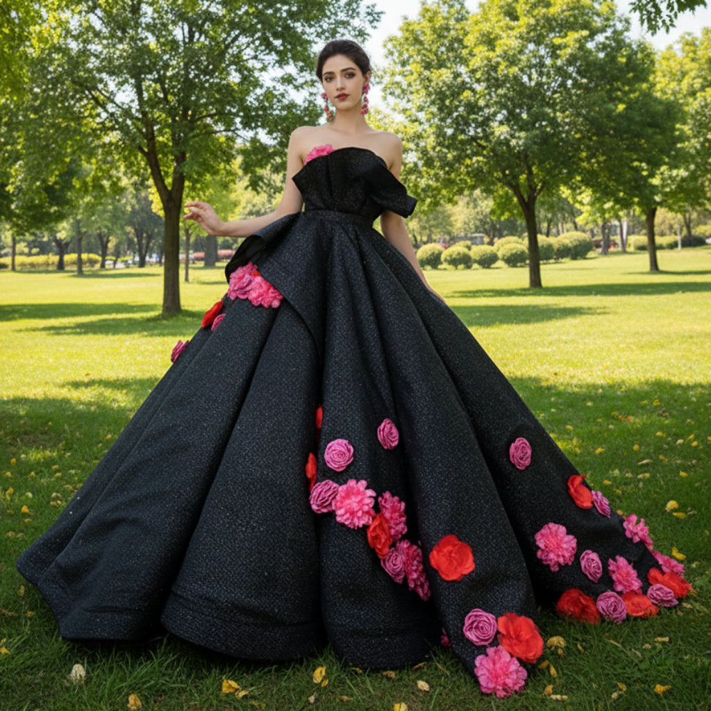 Black 3D Flowers Ball Gown Sparkly Wedding Dress with Puffy Skirt Black / 10 Black 3D Flowers Ball Gown Sparkly Wedding Dress with Puffy Skirt Black / 10