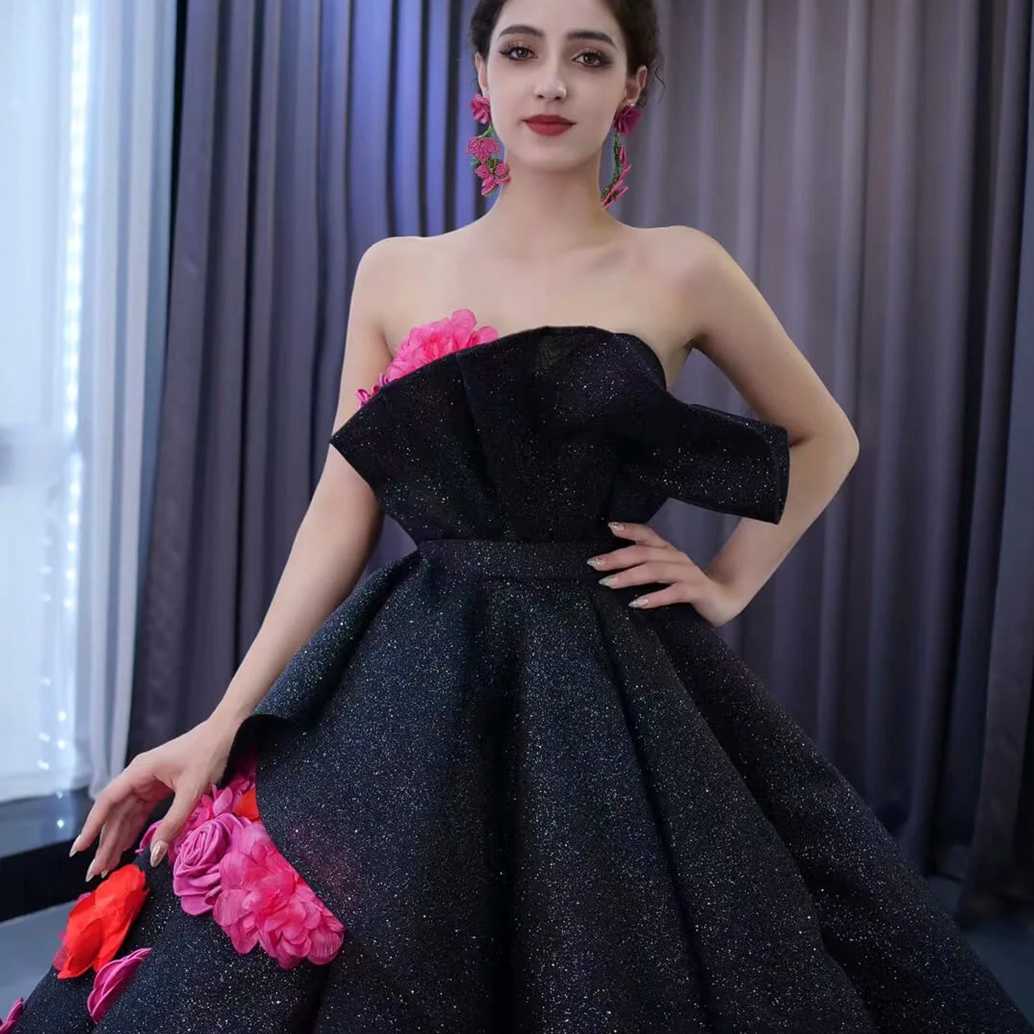 Black 3D Flowers Ball Gown Sparkly Wedding Dress with Puffy Skirt Black / 10 Black 3D Flowers Ball Gown Sparkly Wedding Dress with Puffy Skirt Black / 10