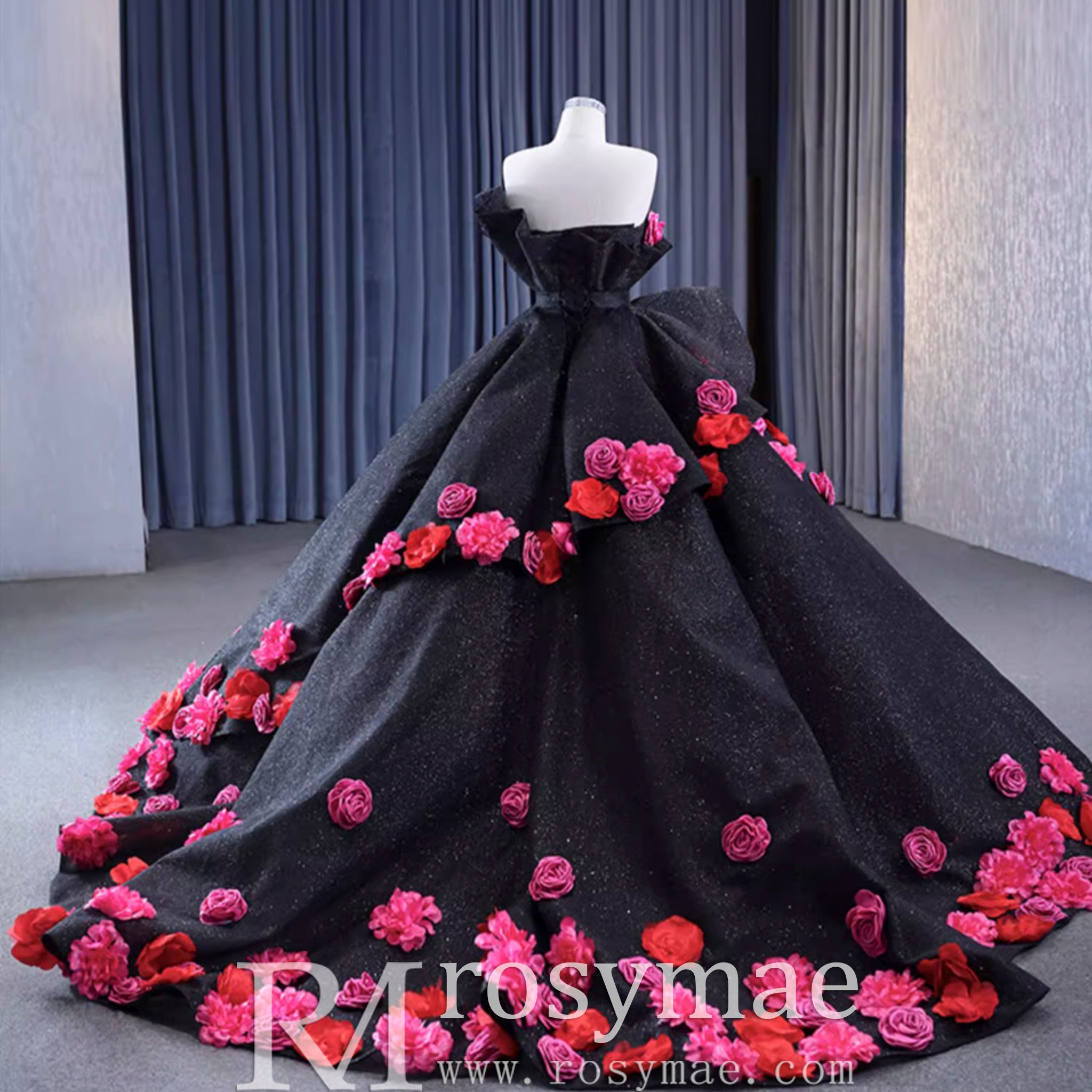 Black 3D Flowers Ball Gown Sparkly Wedding Dress with Puffy Skirt Black / 10 Black 3D Flowers Ball Gown Sparkly Wedding Dress with Puffy Skirt Black / 10