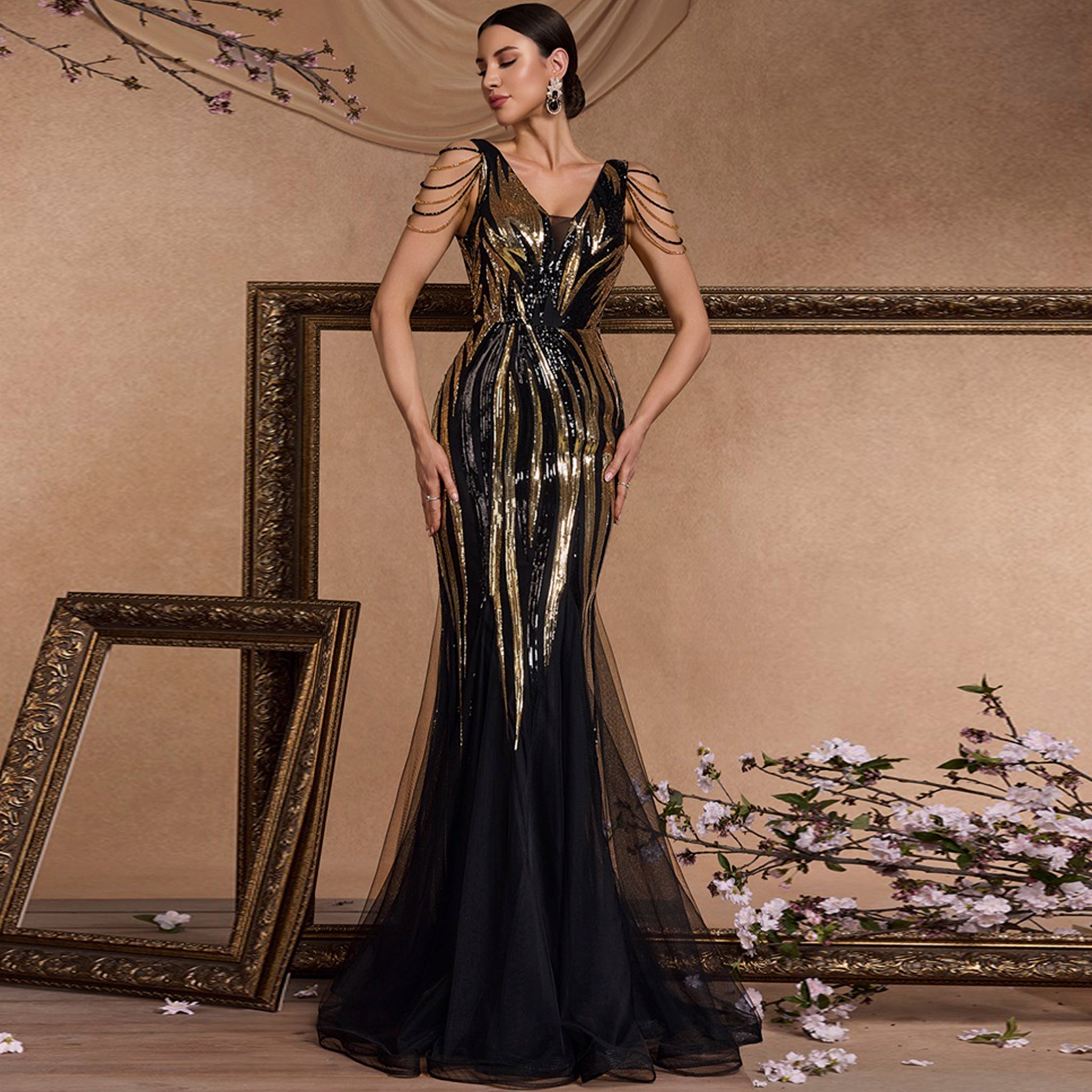 Black and Gold Sequin Evening Dress with V-Neck and Sweep/Brush Train Black and Gold / S Black and Gold Sequin Evening Dress with V-Neck and Sweep/Brush Train Black and Gold / S