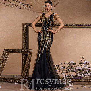 Black and Gold Sequin Evening Dress with V-neck and Sweep/Brush Train