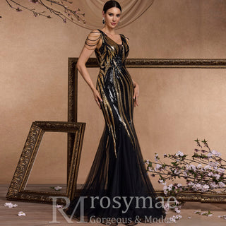 Black and Gold Sequin Evening Dress with V-neck and Sweep/Brush Train
