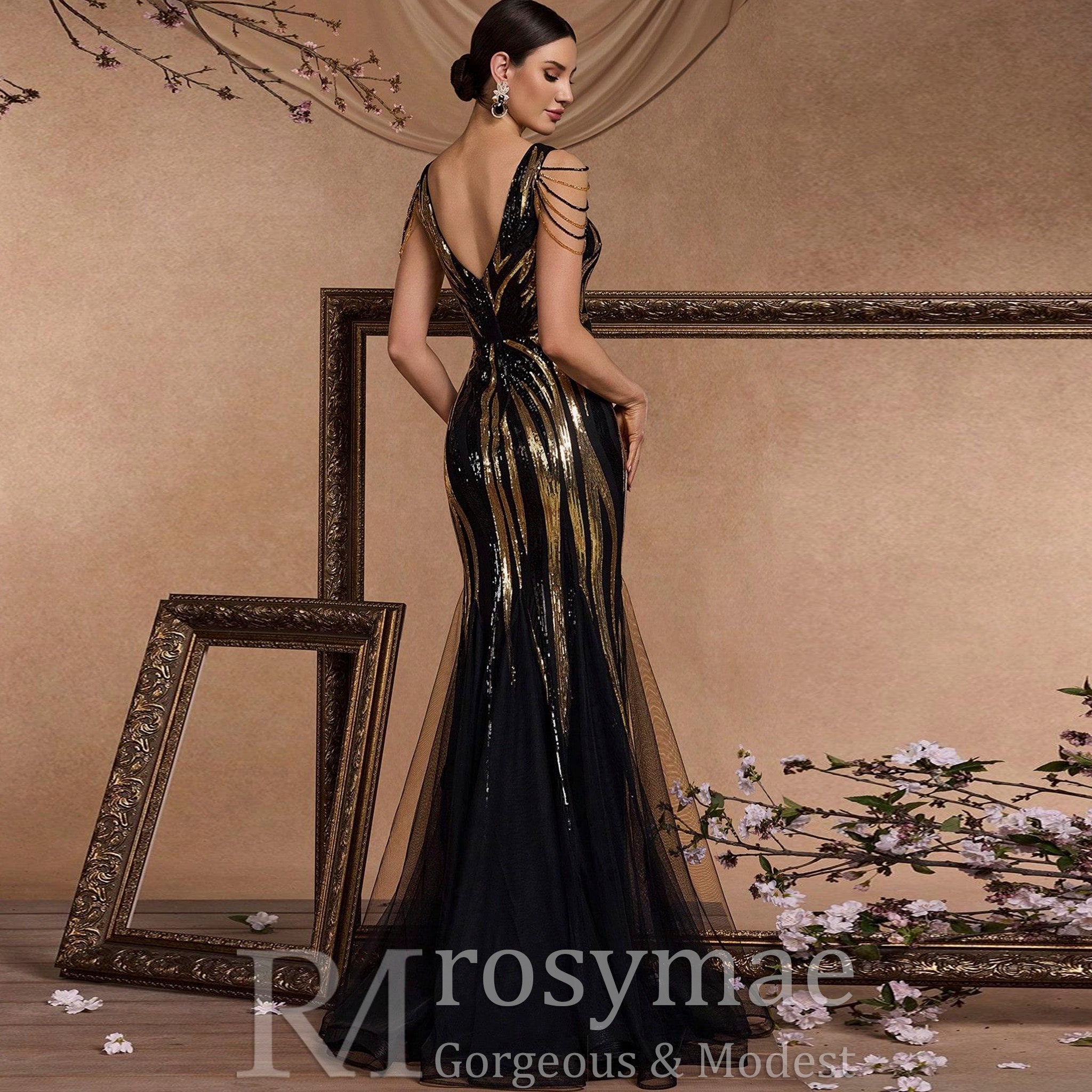 Black and Gold Sequin Evening Dress with V-neck and Sweep/Brush Train Black and Gold / S Black and Gold Sequin Evening Dress with V-neck and Sweep/Brush Train Black and Gold / S