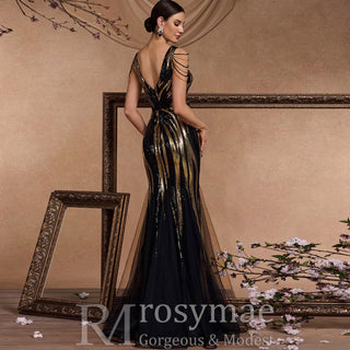 Black and Gold Sequin Evening Dress with V-neck and Sweep/Brush Train