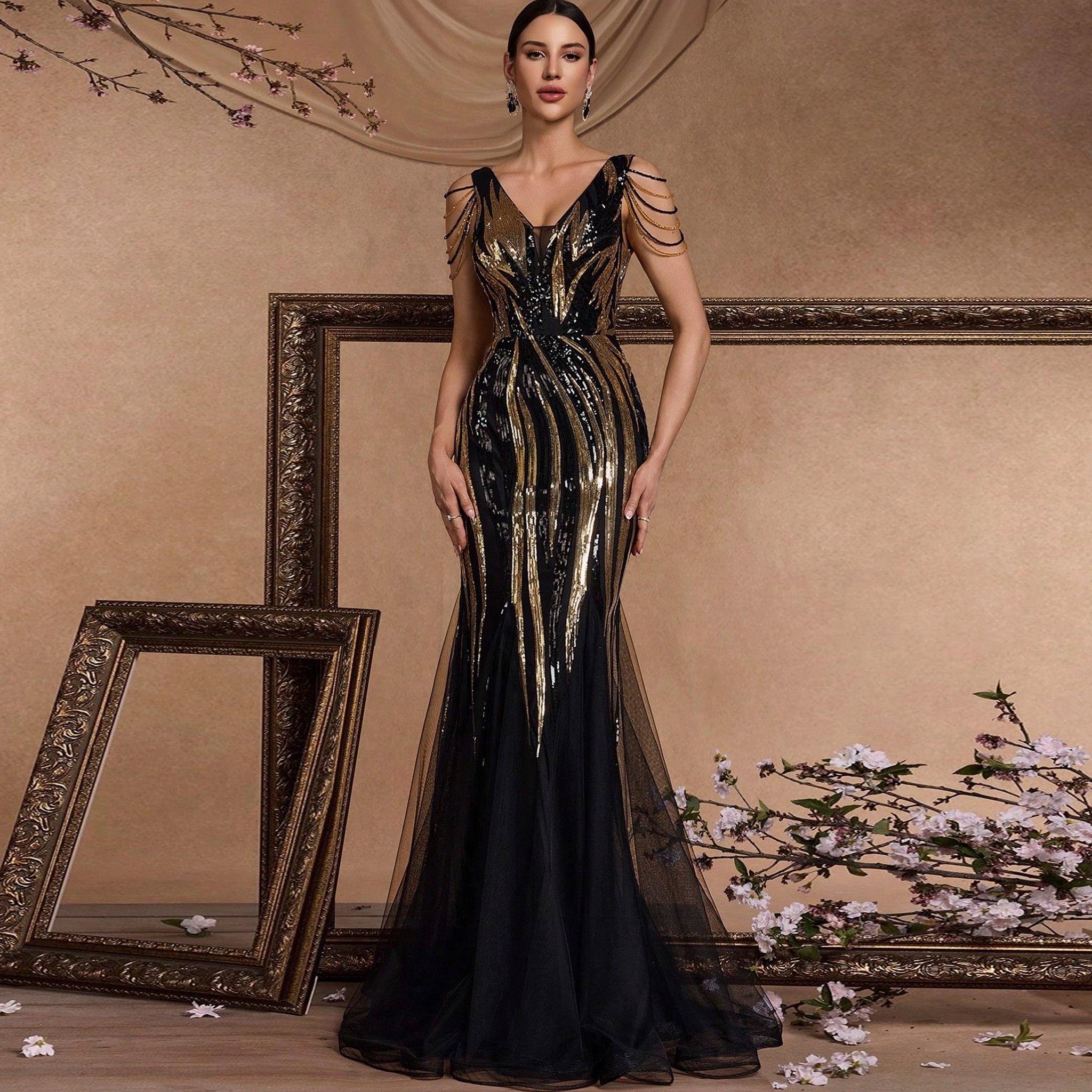 Black and Gold Sequin Evening Dress with V-neck and Sweep/Brush Train Black and Gold / S Black and Gold Sequin Evening Dress with V-neck and Sweep/Brush Train Black and Gold / S