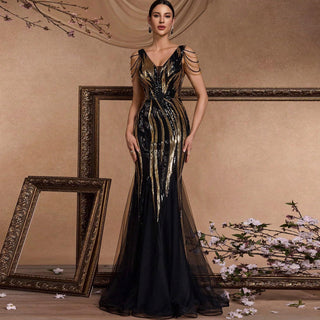 Black and Gold Sequin Evening Dress with V-neck and Sweep/Brush Train