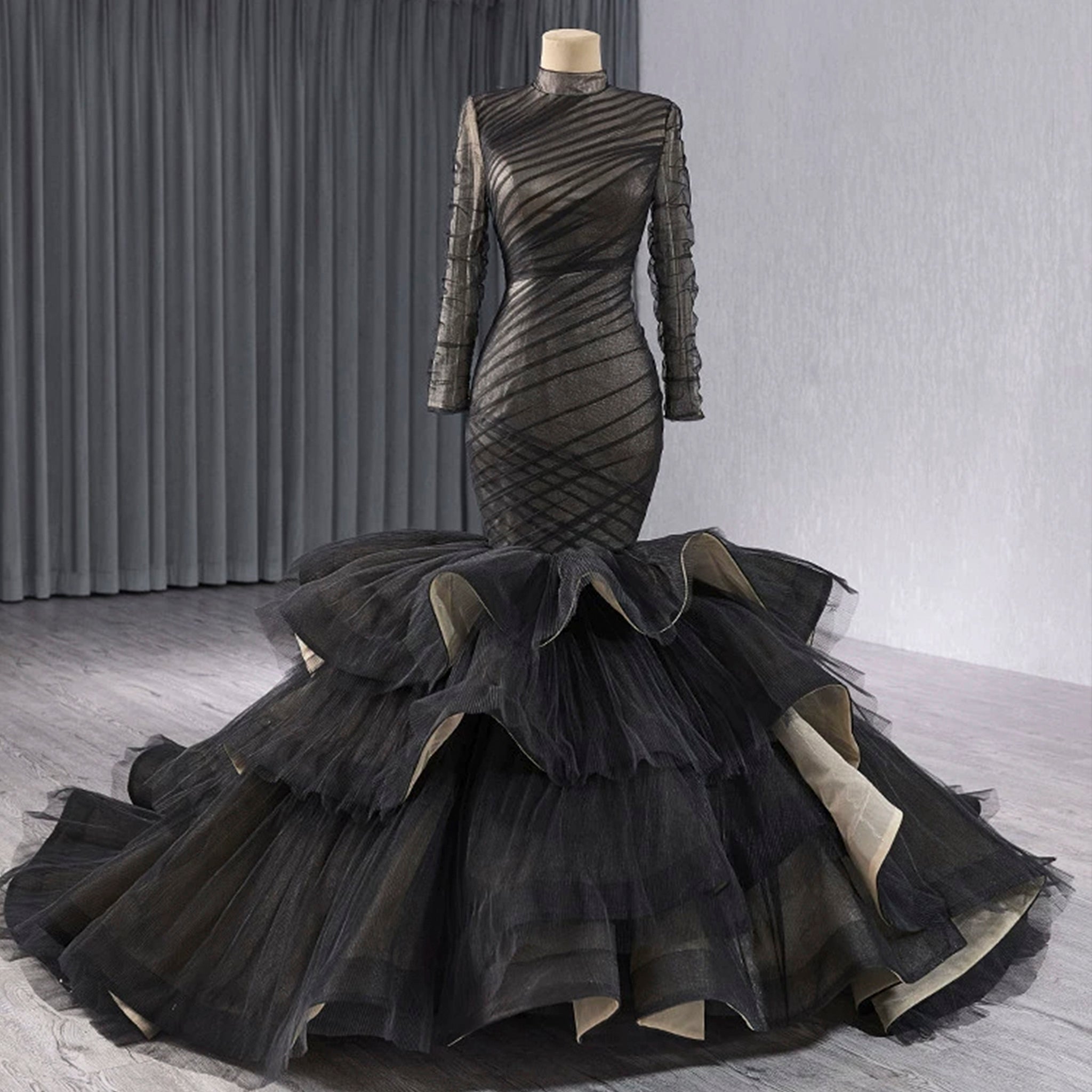 Long Sleeve Black Trumpet O-neck Wedding Dress Ruffle Pageant Gown Black / 24W Long Sleeve Black Trumpet O-neck Wedding Dress Ruffle Pageant Gown Black / 24W