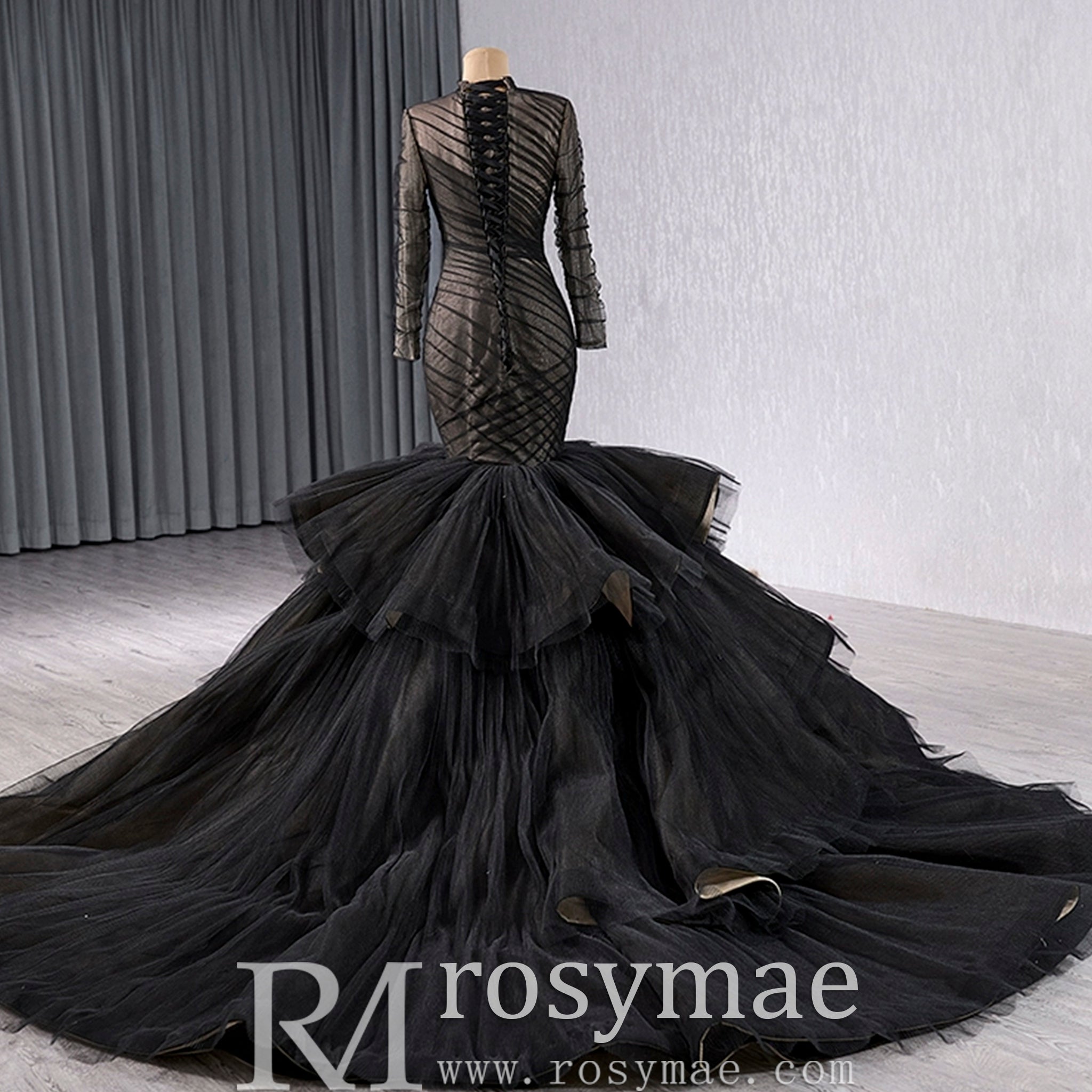 Long Sleeve Black Trumpet O-neck Wedding Dress Ruffle Pageant Gown Black / 24W Long Sleeve Black Trumpet O-neck Wedding Dress Ruffle Pageant Gown Black / 24W