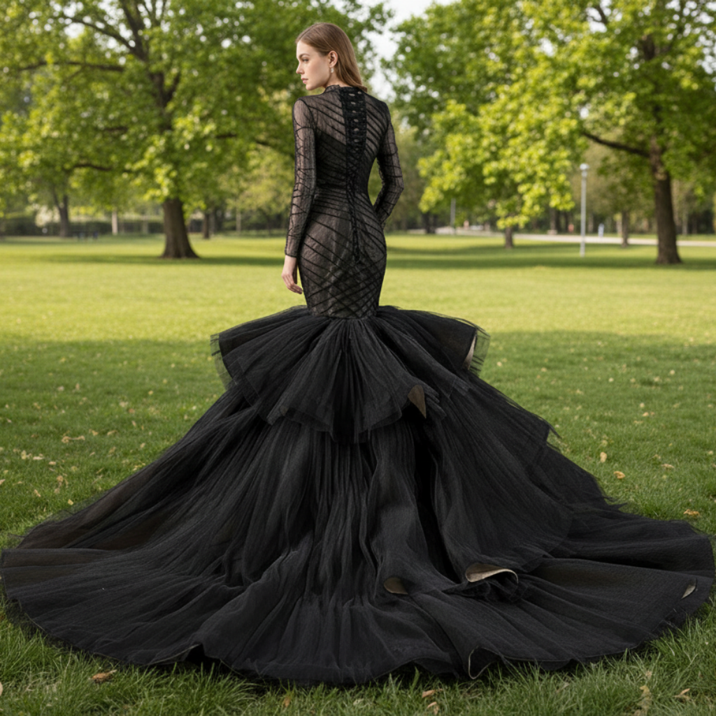 Long Sleeve Black Trumpet O-Neck Wedding Dress Ruffle Pageant Gown Black / 24W Long Sleeve Black Trumpet O-Neck Wedding Dress Ruffle Pageant Gown Black / 24W