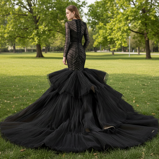 Long Sleeve Black Trumpet O-neck Wedding Dress Ruffle Pageant Gown