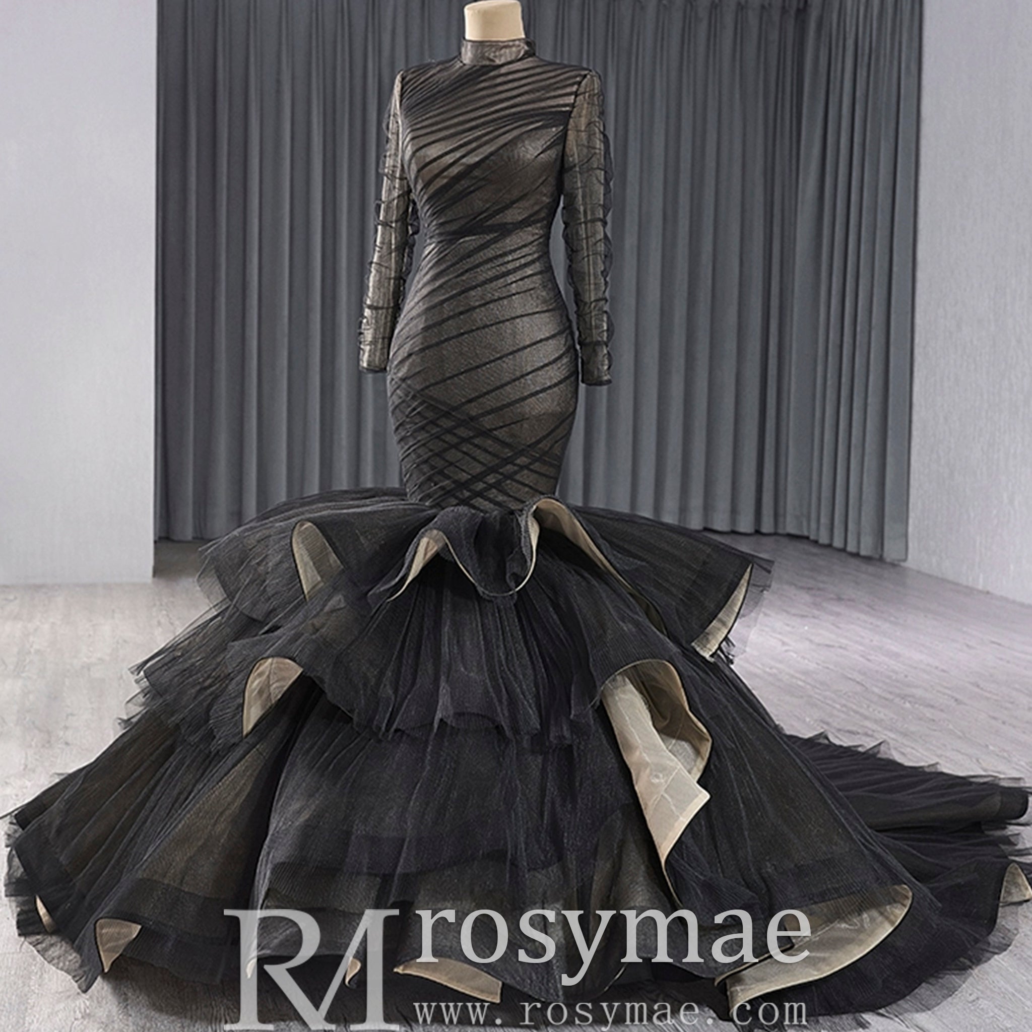 Long Sleeve Black Trumpet O-neck Wedding Dress Ruffle Pageant Gown Black / 24W Long Sleeve Black Trumpet O-neck Wedding Dress Ruffle Pageant Gown Black / 24W