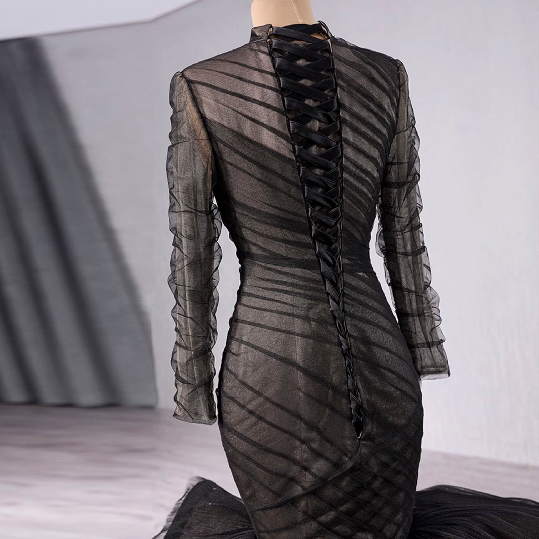 Long Sleeve Black Trumpet O-neck Wedding Dress Ruffle Pageant Gown Black / 24W Long Sleeve Black Trumpet O-neck Wedding Dress Ruffle Pageant Gown Black / 24W