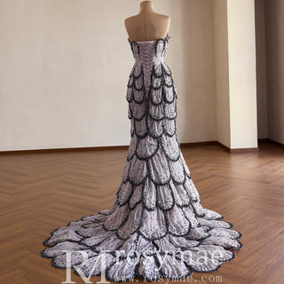 Lavender Gray Scalloped Mermaid Wedding Dress with Black Beaded Tiered Skirt