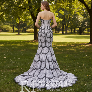 Lavender Gray Scalloped Mermaid Wedding Dress with Black Beaded Tiered Skirt