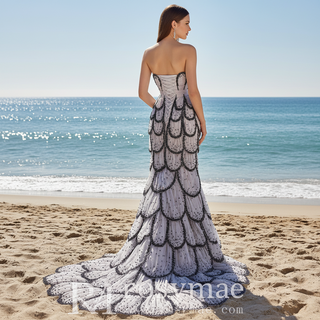 Lavender Gray Scalloped Mermaid Wedding Dress with Black Beaded Tiered Skirt