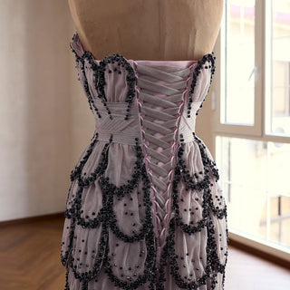 Lavender Gray Scalloped Mermaid Wedding Dress with Black Beaded Tiered Skirt