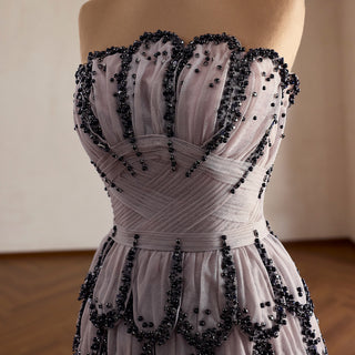 Lavender Gray Scalloped Mermaid Wedding Dress with Black Beaded Tiered Skirt