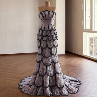 Lavender Gray Scalloped Mermaid Wedding Dress with Black Beaded Tiered Skirt