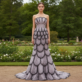 Lavender Gray Scalloped Mermaid Wedding Dress with Black Beaded Tiered Skirt
