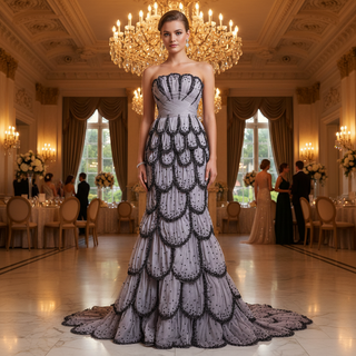 Lavender Gray Scalloped Mermaid Wedding Dress with Black Beaded Tiered Skirt