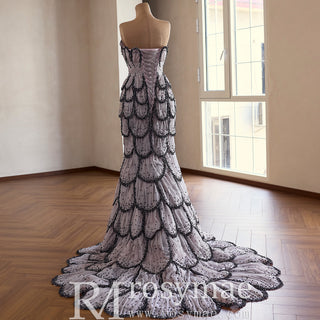 Lavender Gray Scalloped Mermaid Wedding Dress with Black Beaded Tiered Skirt