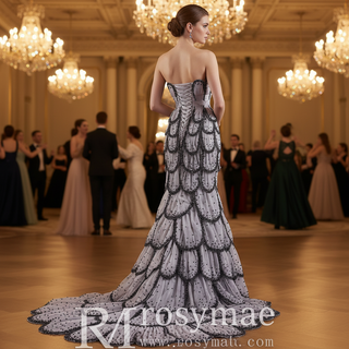 Lavender Gray Scalloped Mermaid Wedding Dress with Black Beaded Tiered Skirt