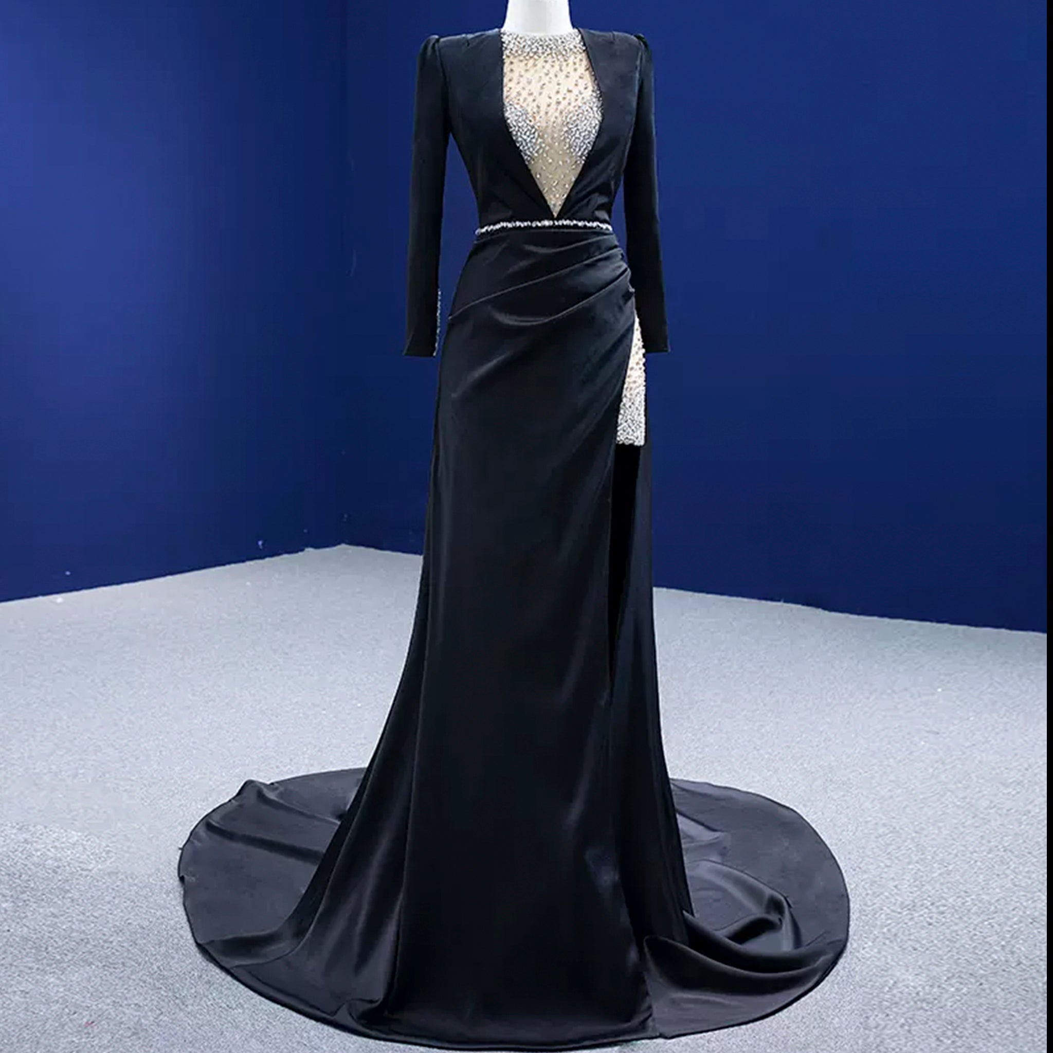 Beaded Black Satin Sheath Formal Prom Dress with Long Sleeve Rosymae Beaded Black Satin Sheath Formal Prom Dress with Long Sleeve Rosymae