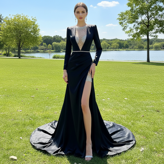 Beaded Black Satin Sheath Formal Prom Dress with Long Sleeve