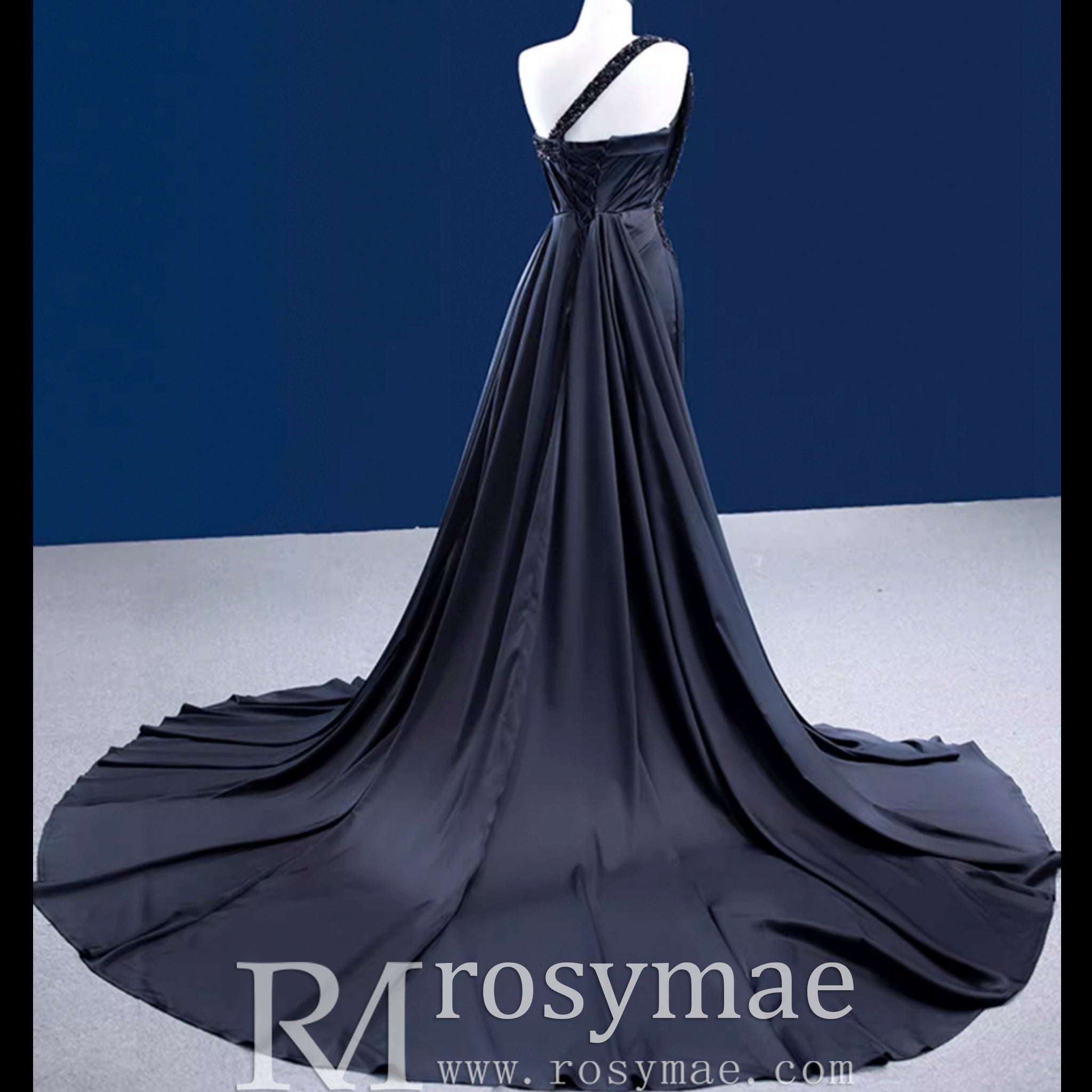 One Shoulder Black Fit and Flare Satin Wedding Dress with Beading Black / 20W One Shoulder Black Fit and Flare Satin Wedding Dress with Beading Black / 20W