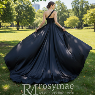 One Shoulder Black Fit and Flare Satin Wedding Dress with Beading